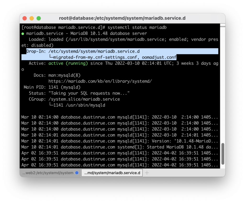 Screenshot showing the oomadjust.conf file was picked up by systemd